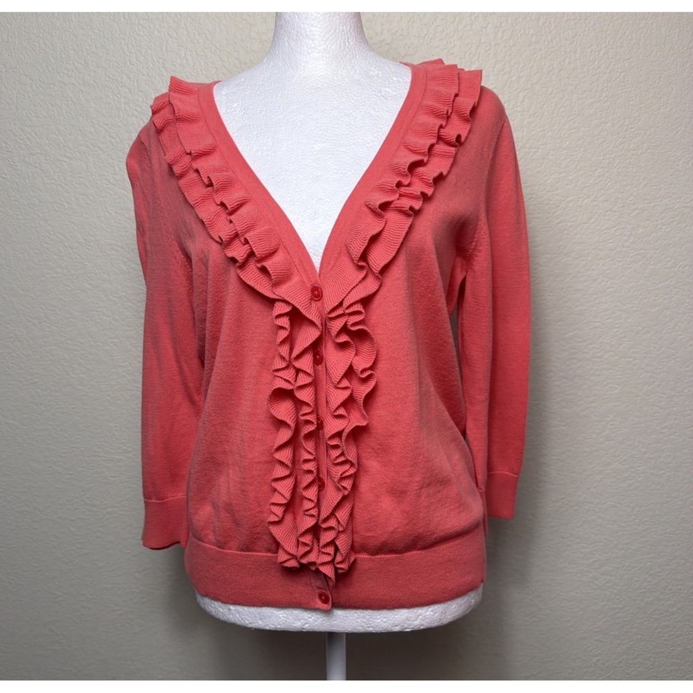 Talbots Cardigan PM  Coral Pink Ruffle V-Neck Pima Cotton 3/4 Sleeve Sweater